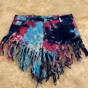 Neon Hot Pink Blue Tie Dye Gray Cut Off Booty Festival Hippie Jean Shorts 16